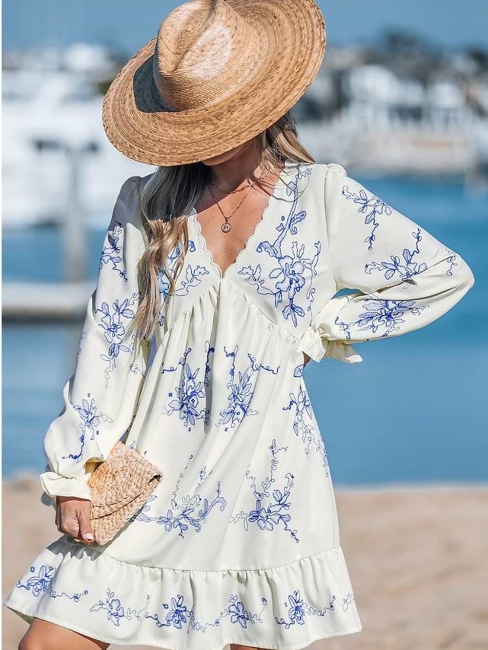 Cupshe Cream Dress with Blue Floral Embroidery